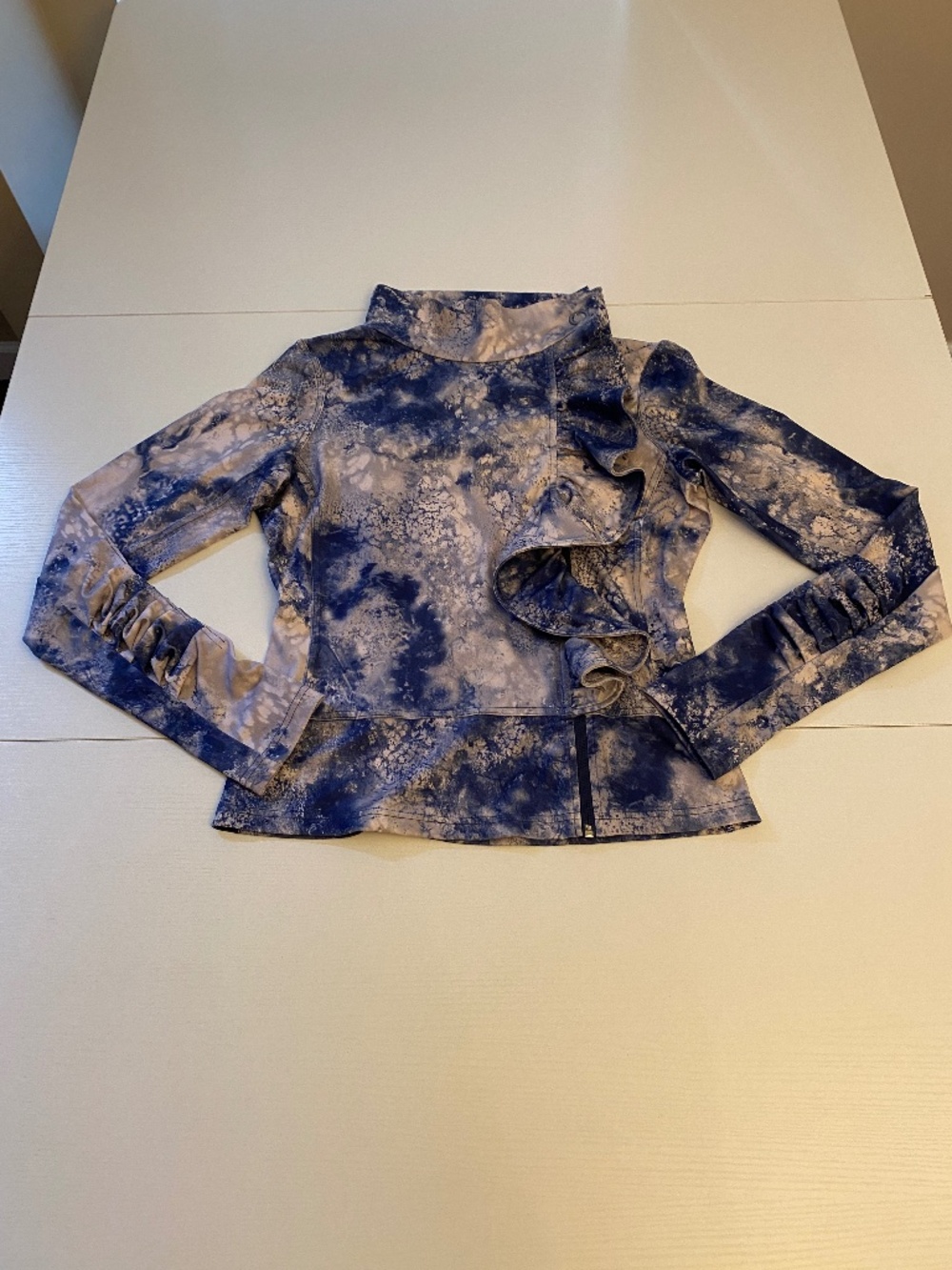 Karma Athletic San Suu Ruffle Asymmetrical Zip Yoga Jacket Blue Marble M